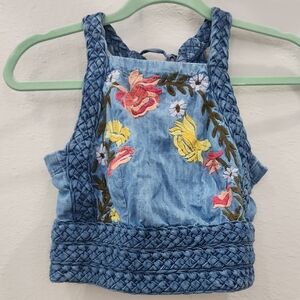 Anthropologie Pilcro Embroidered Chambray Crop Top with Braided Straps XS